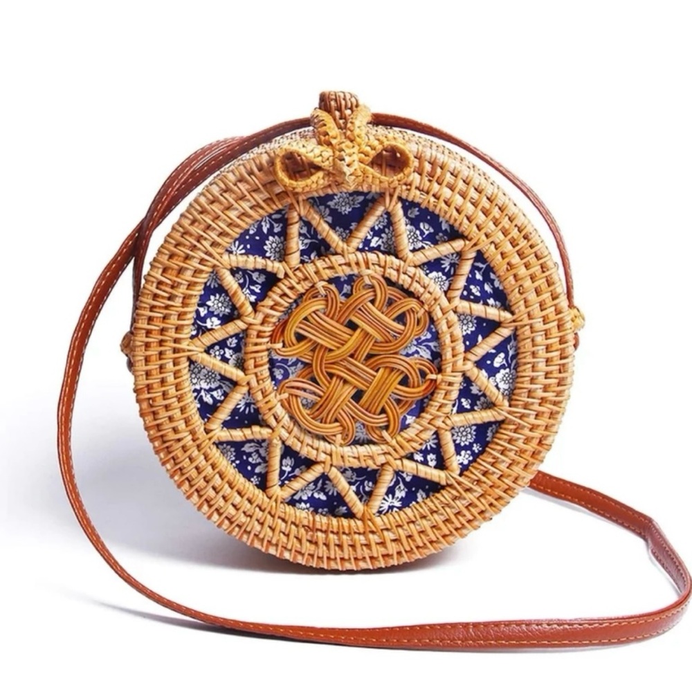 Woven Rattan Crossbody Bag Shoulder Bag Blue White Floral Accent Boho Coastal